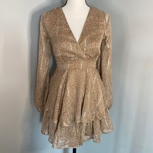 Japna Cheetah Leopard Print Metallic Ruffle V Neck Babydoll Dress